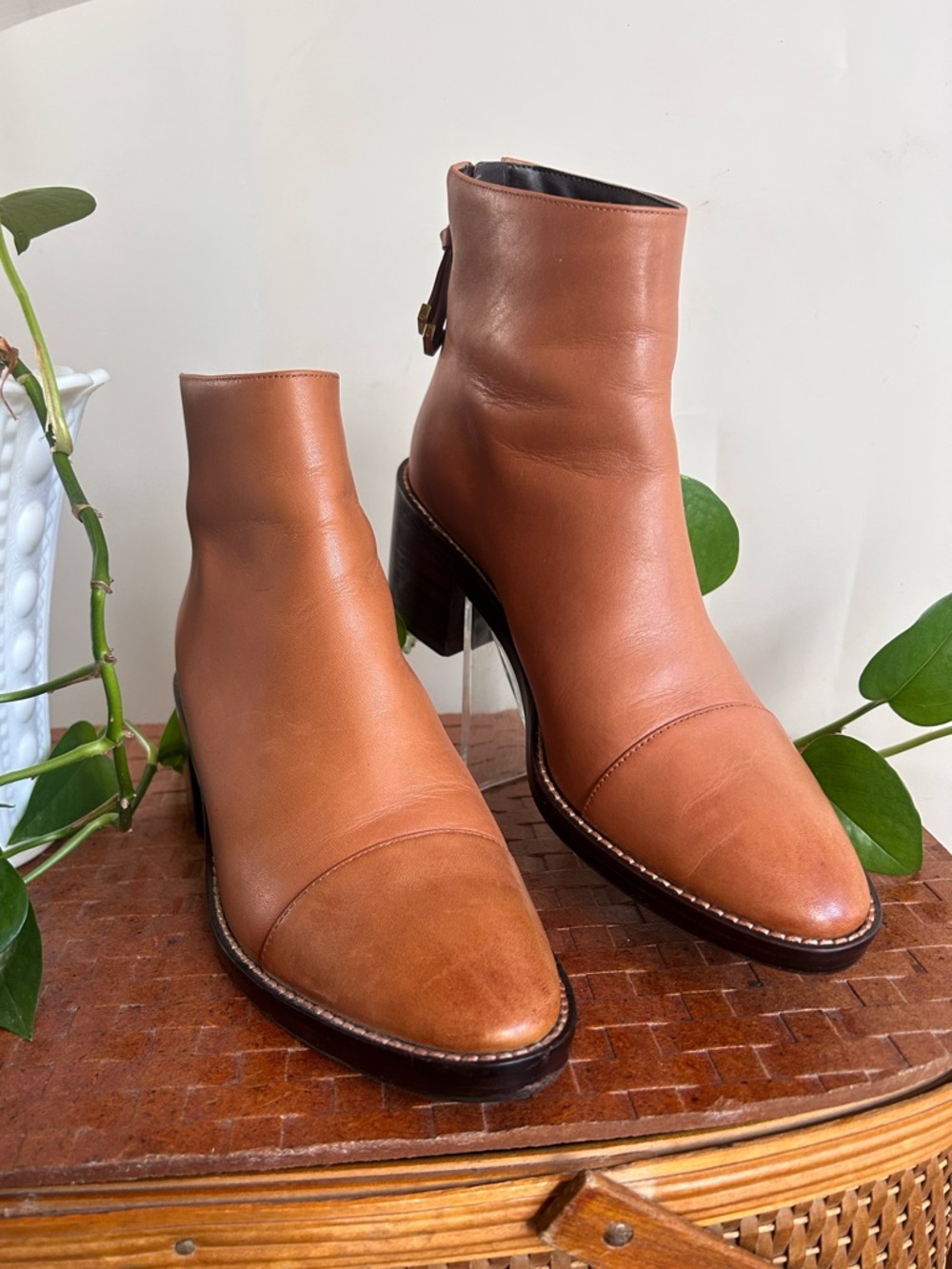Cole Haan Winnie Grand Waterproof Booties 7B Tan Leather Ankle Boots Chic Block